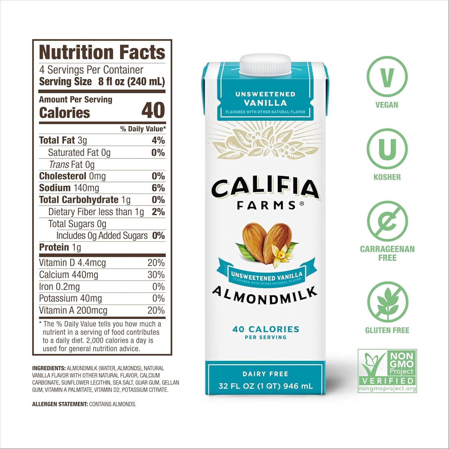 Califia Farms - Unsweetened Vanilla Almond Milk, 32 Oz (Pack of 6), Dairy Free, Vegan, Plant Based, Keto, Shelf Stable, Vegan, Gluten Free, Non GMO, Sugar Free, High Calcium, Smoothie : Grocery & Gourmet Food