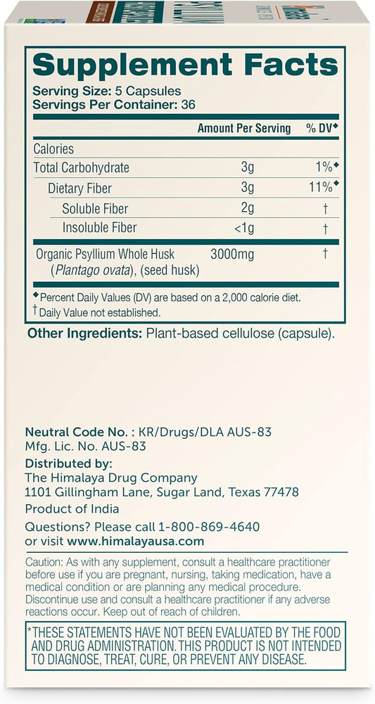 Himalaya Psyllium Husk Capsules, Natural Daily Fiber Supplement, Regularity, Constipation, Supports Heart Health, Appetite Management, Non-Gmo, Gluten Free, Vegan, 180 Capsules