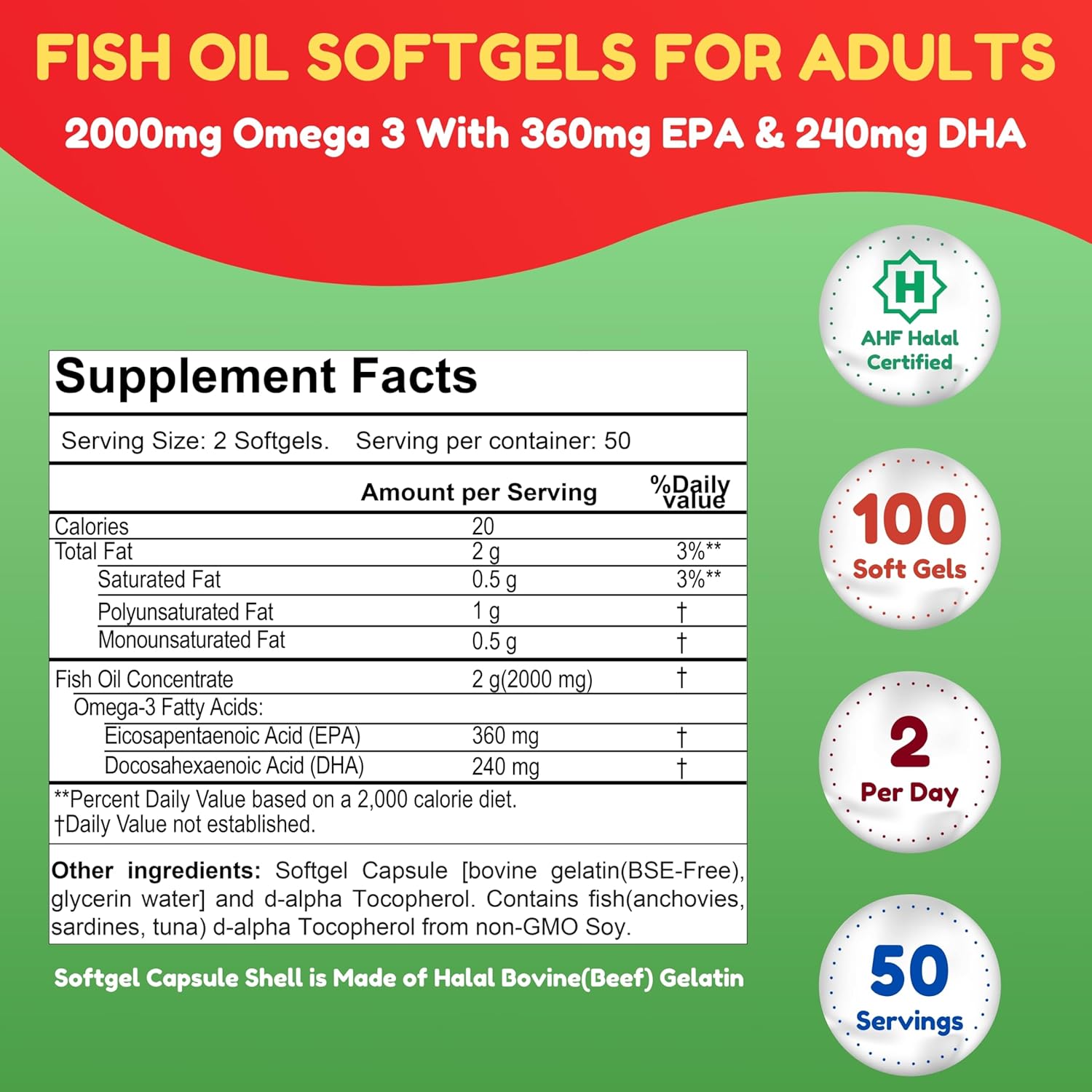 Halal Fish Oil 2000Mg Softgels With 360Mg Epa & 240Mg Dha. 100 Wild Caught & Non-Gmo Omega 3 Softgels For Heart & Brain Health. Burpless, Easy-To-Swallow Fish Oil Omega 3 Supplements