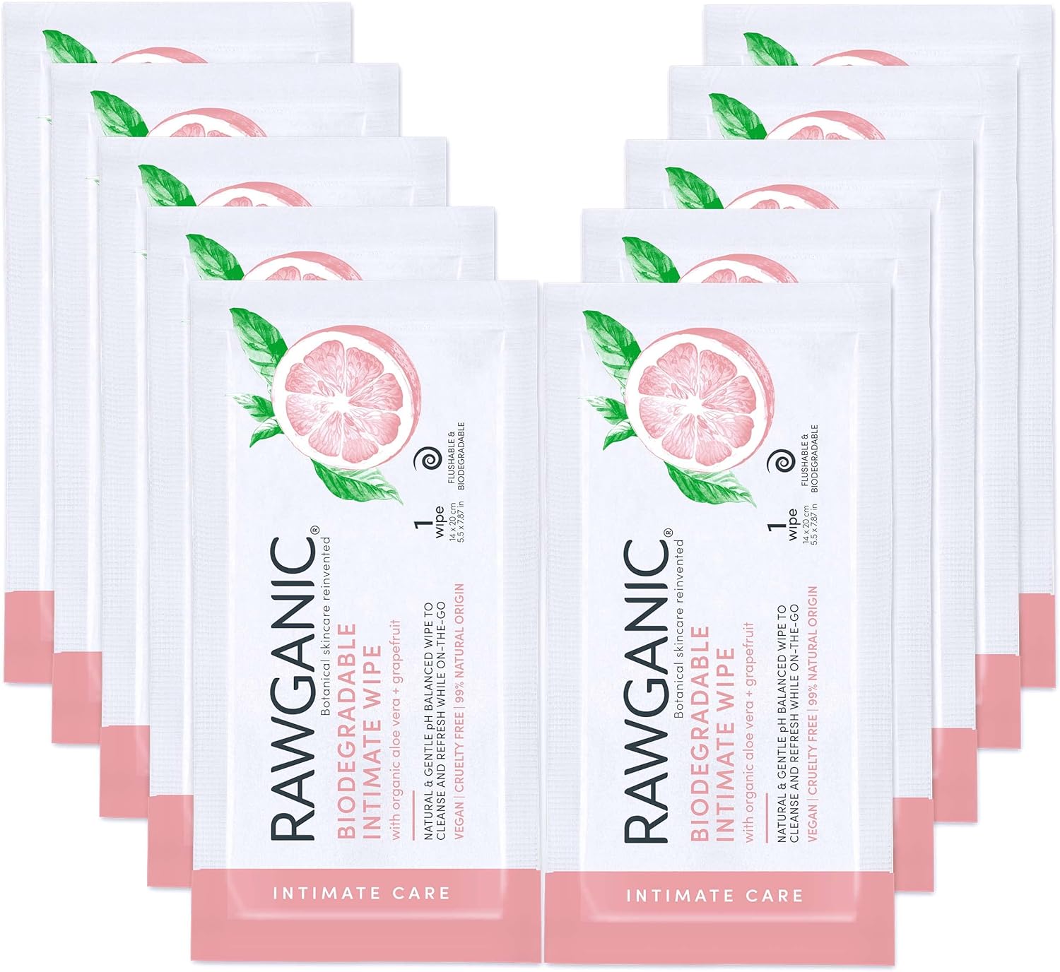 Rawganic Organic Intimate Hygiene Wipe Sachets | Gentle Ph Balanced, Fragrance-Free, Alcohol-Free, Flushable & Biodegradable Intimate | Set Of 10 Individually Wrapped Sachets