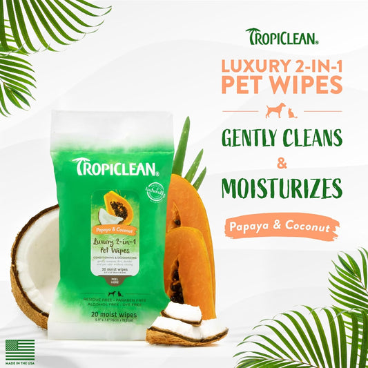 TropiClean Papaya & Coconut Dog Wipes for Paws and Butt | Deep Cleaning Dog Grooming Wipes | Safe for The Face | Cat Friendly | 20 Count