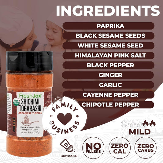 FreshJax Organic Shichimi Togarashi Seasoning Mix (5.4 oz Bottle) Non GMO, Gluten Free, Keto, Paleo, No Preservatives Togarashi Spice | Japanese 7 Spice Seasoning | Handcrafted in Jacksonville