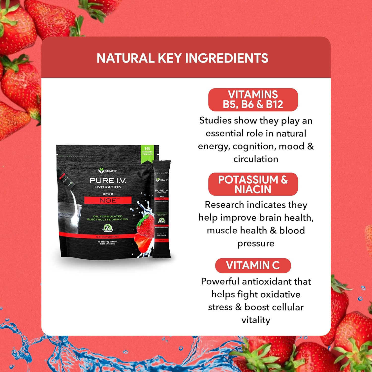 KaraMD Pure I.V. - Professionally Formulated Electrolyte Strawberry Powder Drink Mix – Refreshing & Delicious Hydrating Packets with Vitamins & Minerals – Strawberry - 1 Bag (16 Sticks) : Everything Else