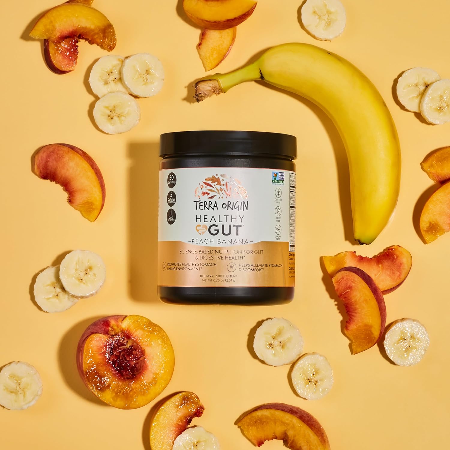 TERRA ORIGIN Healthy Gut Peach Banana | 30-Servings with L-Glutamine, Zinc, Glucosamine, Slippery Elm Bark, Marshmallow Root and More! : Health & Household