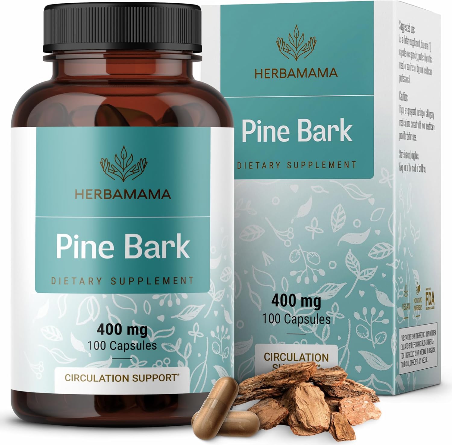 Herbamama Pine Bark Extract Capsules - 400 Mg French Maritime Pine Bark Extract Powder Capsules - 95% Proanthocyanidins Supplement - Vegan, Non-Gmo - 100 Caps