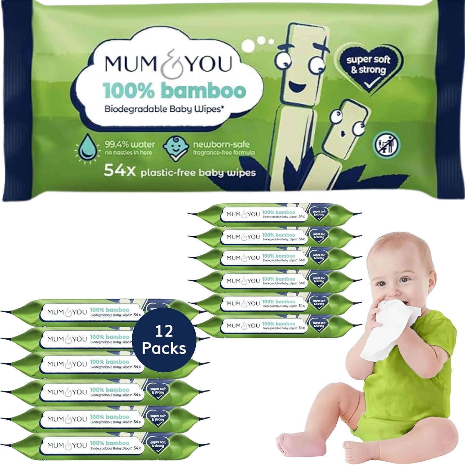 Mum & You Bamboo Baby Wipes Multipack - 100% Biodegradable Wet Bamboo Wipes (20 Packs), 99.4% Water Wipes For Sensitive Newborn Skin, Baby Wipes Bulk, Bum Wipes, Wet Tissue,Eco-Friendly Wet Wipes Baby