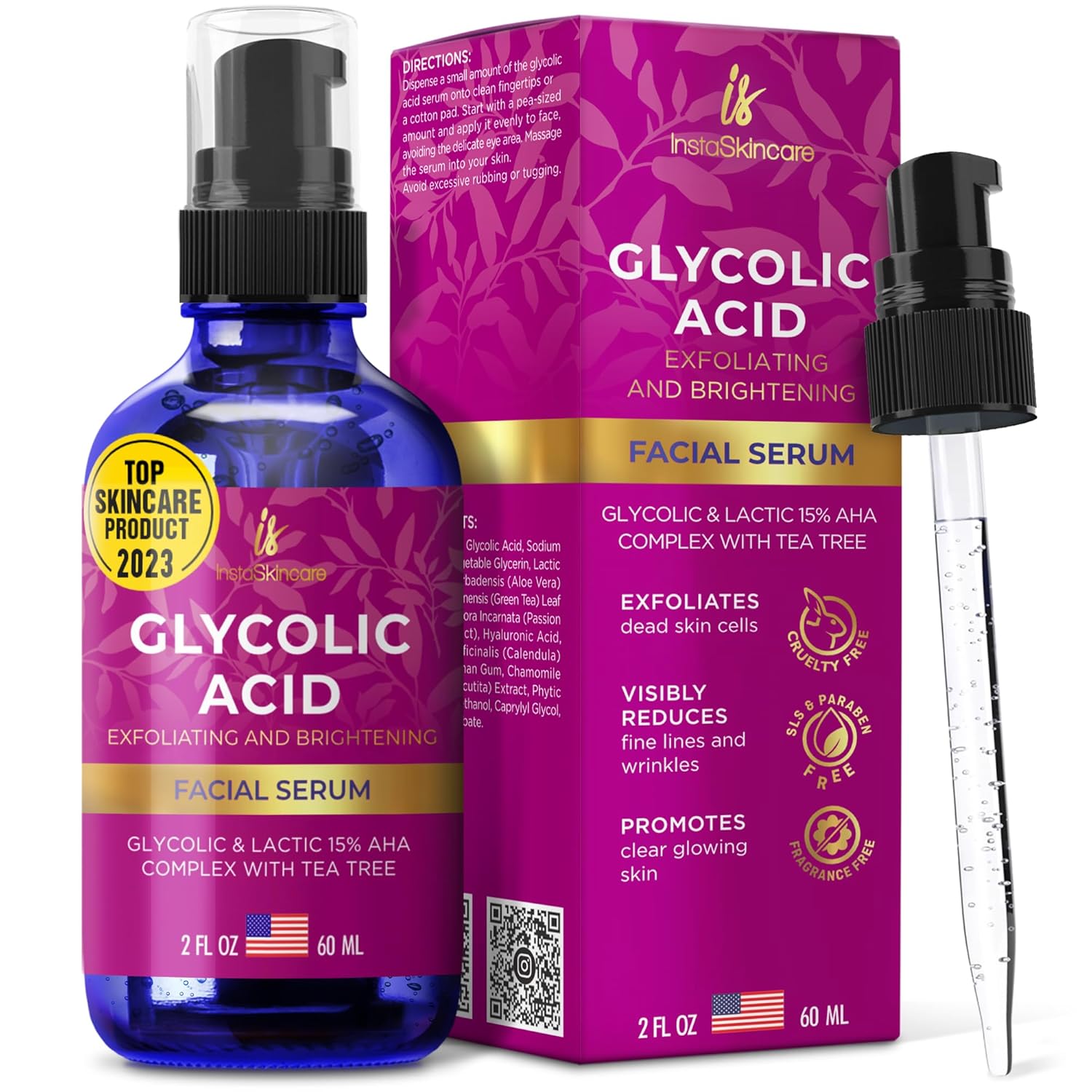 Glycolic Acid Serum For Face 15% Strength - Extra Large Size (2Oz) - Advanced Formula For Enhancing Skin Radiance, Texture Improvement, Addressing Uneven Tone & Fine Lines By Instaskincare