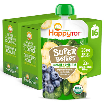 Happy Tot Organics Stage 4 Baby Food Pouches, Gluten Free, Vegan Snack, Super Bellies, Fruit & Veggie Puree, Banana, Spinach & Blueberries 4 Ounce (Pack Of 16)