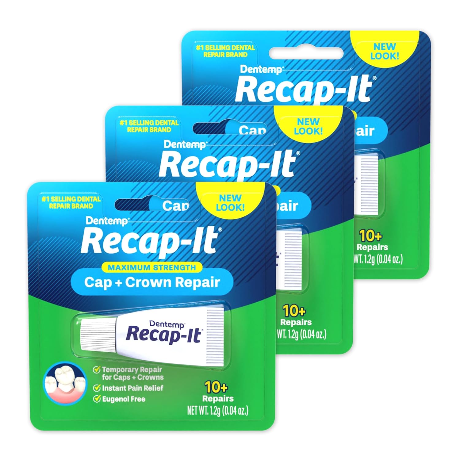 Dentemp Recap-It Cap And Crown Repair Dental Kit - Fast Acting Formula Dental Cement For Loose Caps (Pack Of 3) - Temporary Cement For Crown And Bridge