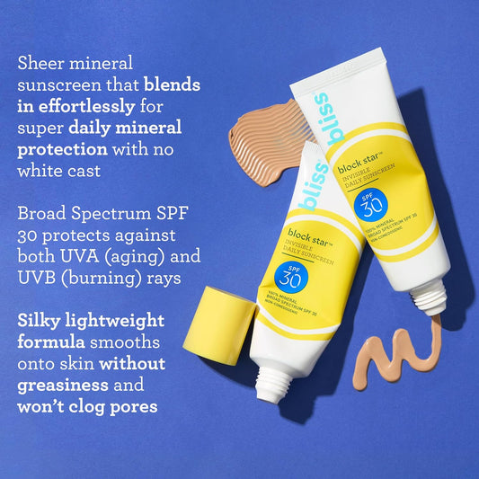 Bliss Block Star SPF 30 Invisible Daily Tinted Sunscreen with Zinc Oxide, Sunscreen & Makeup Primer - 100% Mineral Broad Spectrum Sunscreen with Titanium Dioxide and Antioxidant Blend,- 1.4 fl oz