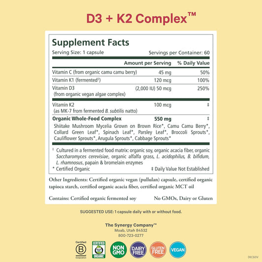 Pure Synergy D3 + K2 Complex | Vegan Vitamin D3 K2 Complex | Organic Vitamin D3 Supplement With Vitamin K2 And K1 Plus Organic Whole Foods | Supports Bone, Brain, And Immune Health (60 Capsules)