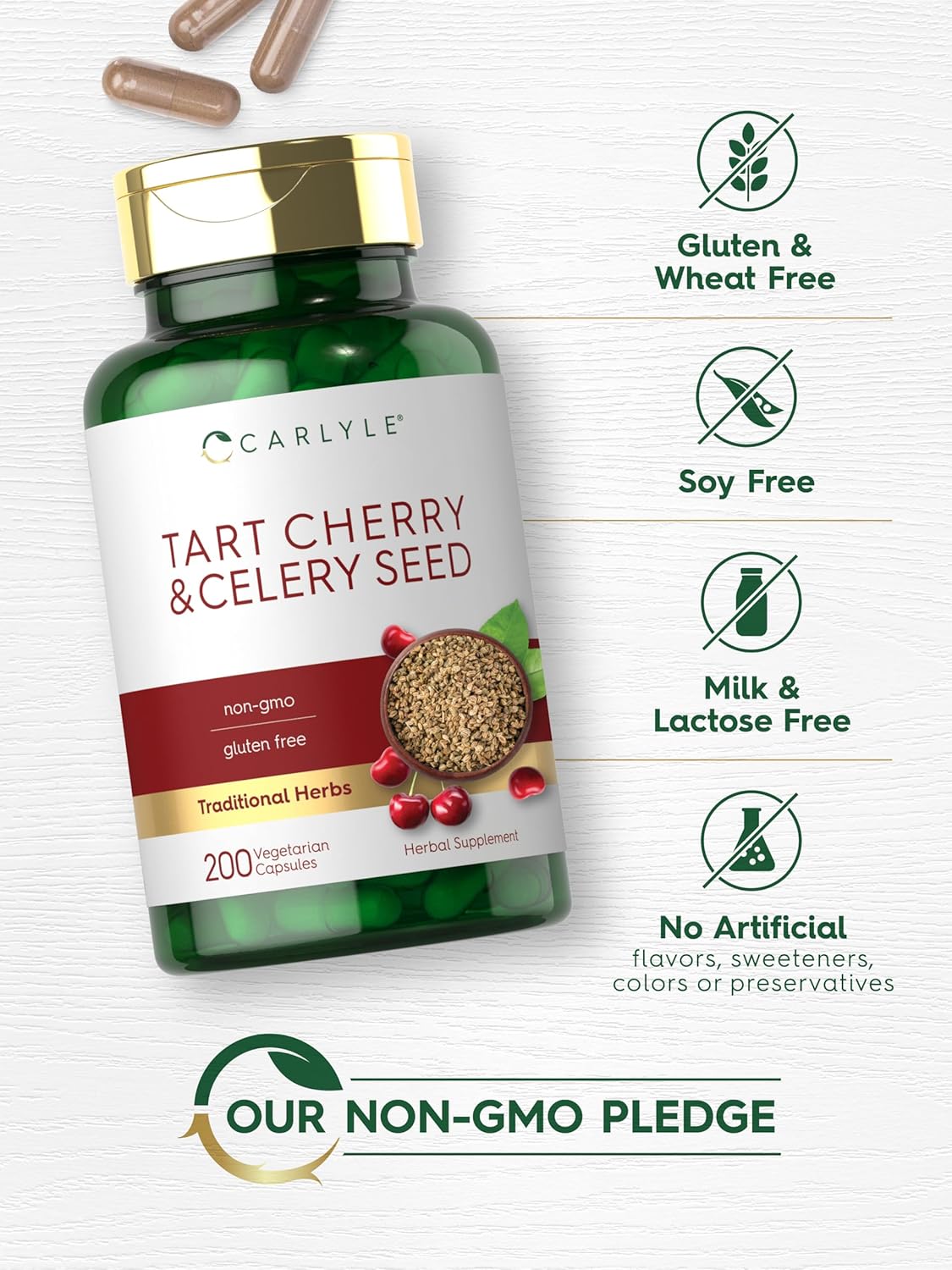 Carlyle Tart Cherry and Celery Seed Supplement | 200 Capsules | Vegetarian, Non-GMO, and Gluten Free : Health & Household