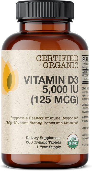 Futurebiotics Vitamin D3 5,000 IU (125 MCG) Supports a Healthy Immune Response, Helps Maintain Strong Bones and Muscles, 360 Organic Tablets (1 Year Supply)