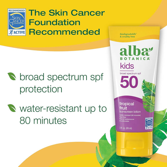 Alba Botanica Kids Sunscreen For Face And Body, Tropical Fruit Sunscreen Lotion For Kids, Broad Spectrum Spf 50, Water Resistant And Hypoallergenic, 3 Fl. Oz. Bottle