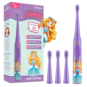 Vekkia Sonic Rechargeable Kids Electric Toothbrush, 3 Modes with Memory, Fun & Easy Cleaning, 24000 Strokes, IPX7 Waterproof, 2-Min Timer for Age 3+, 4 Soft Bristles(Purple)