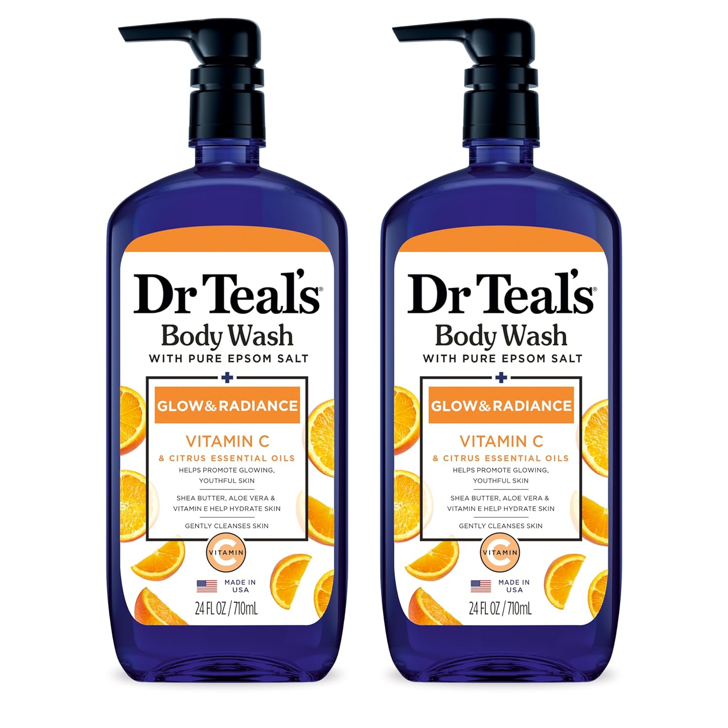 Dr Teal's Body Wash with Pure Epsom Salt, Glow & Radiance with Vitamin C & Citrus Essential Oils, 24oz (Pack of 2) (Packaging May Vary)
