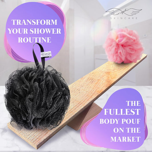 Seraphic Skincare Premium Body Pouf Loofah – 100g Shower Pouf Body Exfoliator for Gentle Exfoliation and Cleansing – Premium Exfoliating Body Scrubber to Reveal Silky Smooth, Glowing Skin (Black)