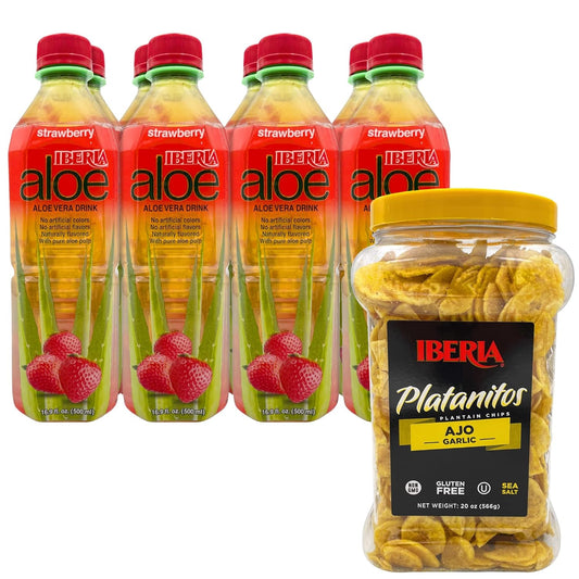 Iberia Garlic Plantain Chips, 20 Oz. + Iberia Aloe Vera Juice Drink, Strawberry, 16.9 Fl Oz, Pack of 8