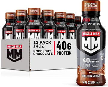 Muscle Milk Pro Advanced Nutrition Protein Shake, Knockout Chocolate, 14 Fl Oz Bottle, 12 Pack, 40G Protein, 1G Sugar, 16 Vitamins & Minerals, 6G Fiber, Workout Recovery, Packaging May Vary