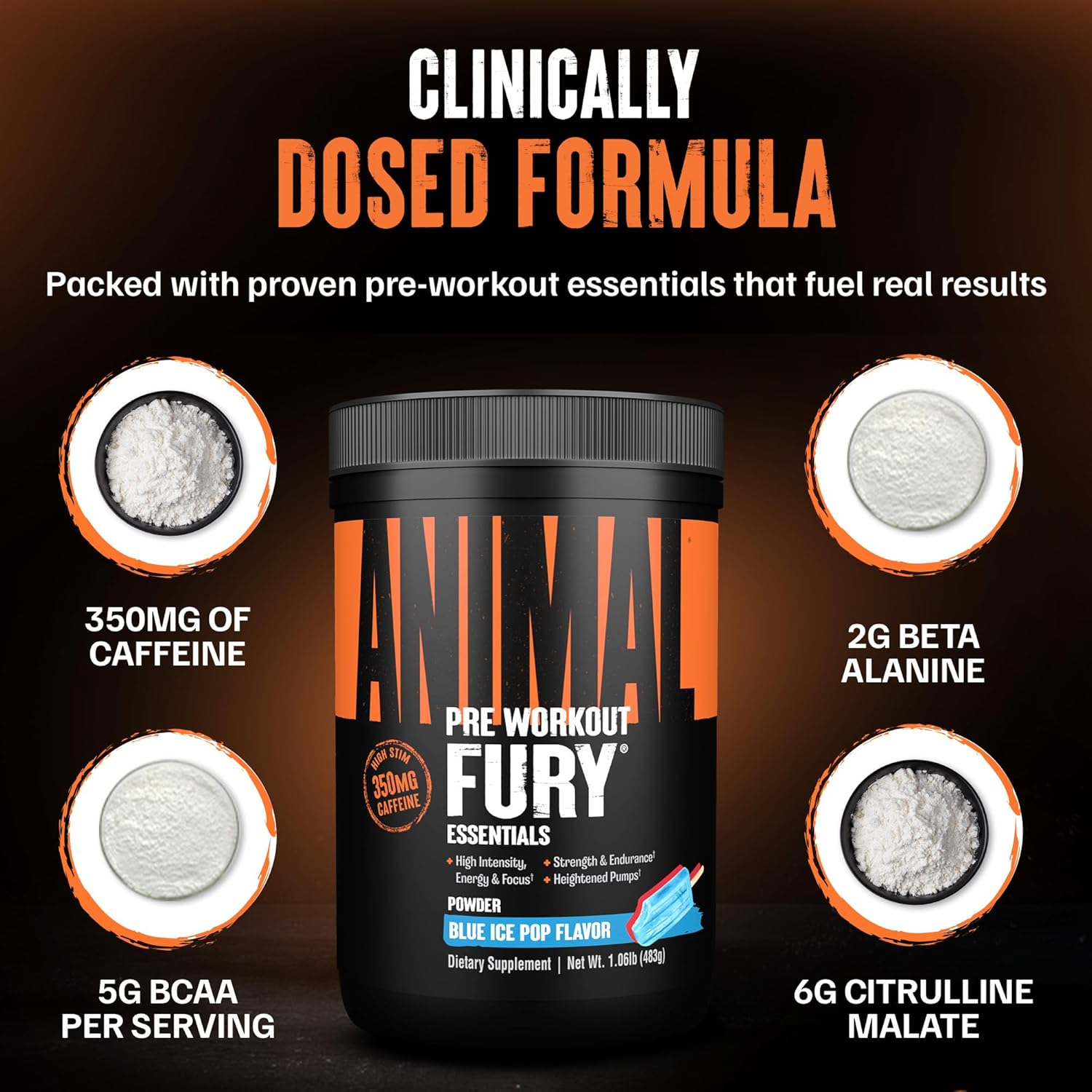 Animal Fury Pre Workout Powder – Blue Ice Pop, 350Mg Caffeine, Bcaa Amino Acids, 2G Beta Alanine, Citrulline & Tyrosine, Energy, Focus, Strength, Endurance, Preworkout For Men & Women, 30 Servings : Health & Household