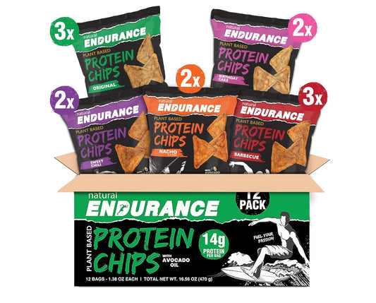 Natural Endurance Protein Chips - Low Carb Chips, High Protein Snack, Vegan Protein With Avocado Oil, 14G Protein Per Bag, Gluten Free, Nacho, Bbq, Chili, Birthday Cake, Original - Variety Pack, 1.38 Oz Bags (Pack Of 12)