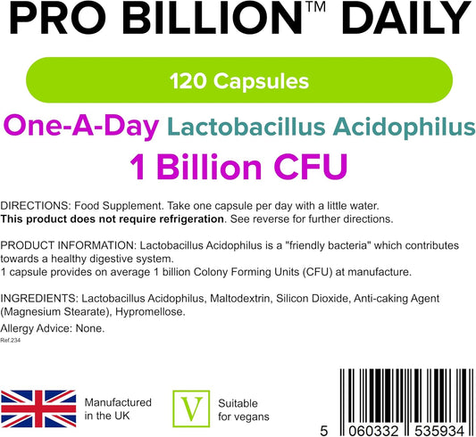 Lindens - Pro Billion Daily - Acidophilus Lactobacillus - 120 Capsules - Uk Made - 1 Billion Cfu Friendly Bacteria - Supports Digestive Health - Vegan Friendly - Gmp & Letterbox Friendly