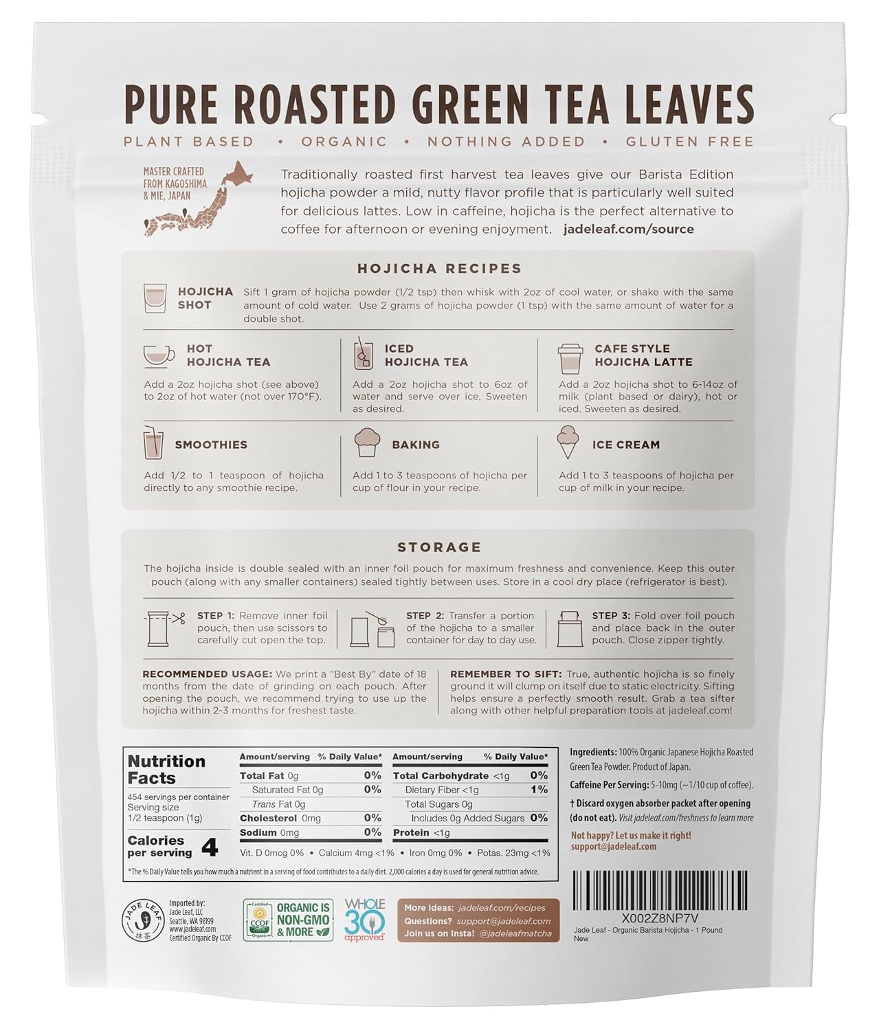 Jade Leaf Matcha Organic Hojicha Powder, Roasted Matcha Green Tea Powder, Barista Edition, Authentic Japanese, 454 Servings (1 Pound Bulk Pouch)