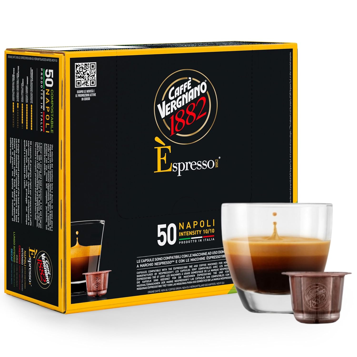 Caffe' Vergnano 1882 Medium Roast Espresso Compatible Capsules, Single-Serve Arabica Robusta Espresso Coffee, Italian Espresso Pods For Coffee Machines, Intensity 10/10, Napoli, 50 Ct