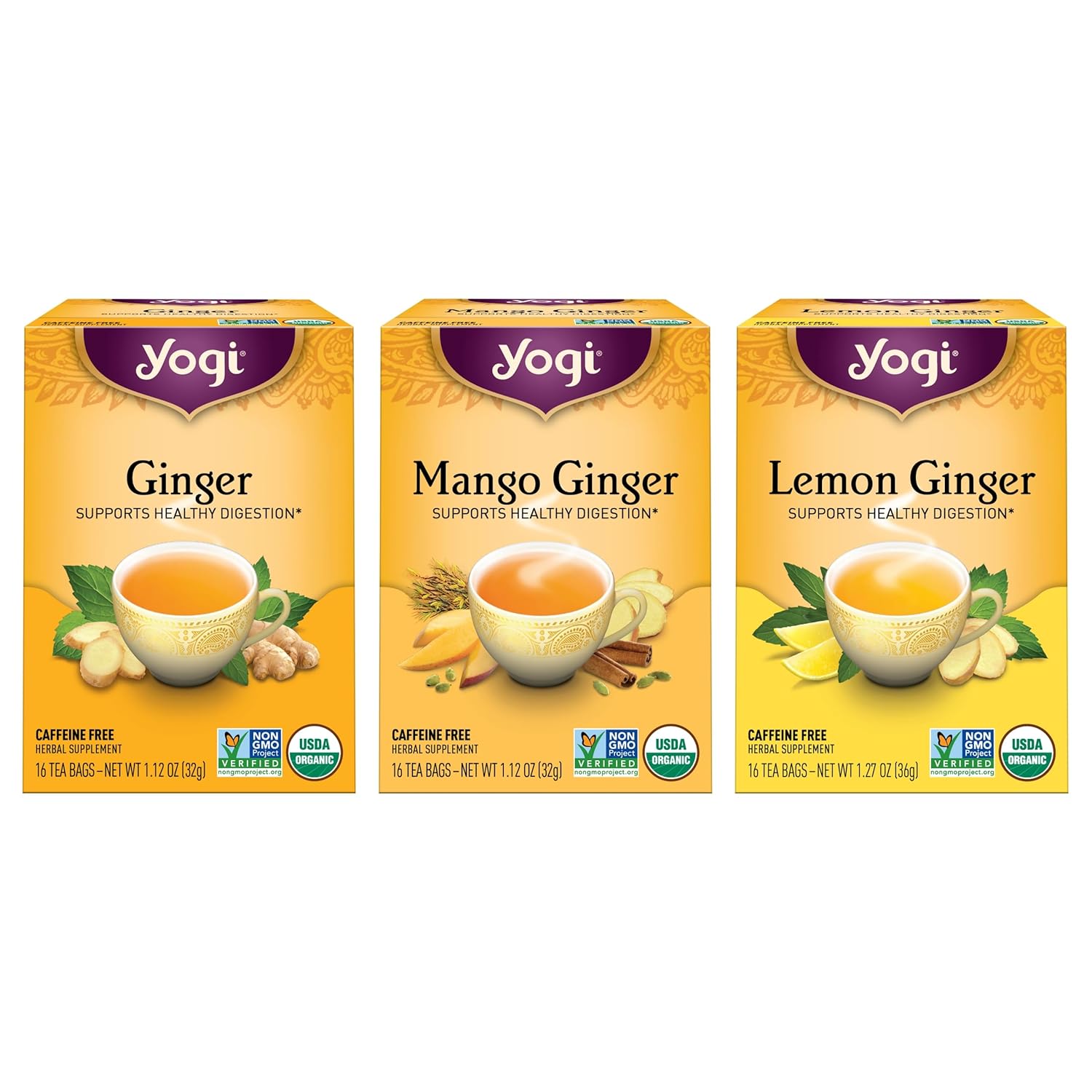 Yogi Tea Ginger Tea Variety Pack - 16 Tea Bags Per Pack (3 Packs) - Caffeine-Free Digestive Teas - Organic Ginger Teas - Includes Ginger Tea, Mango Ginger Tea & Lemon Ginger Tea