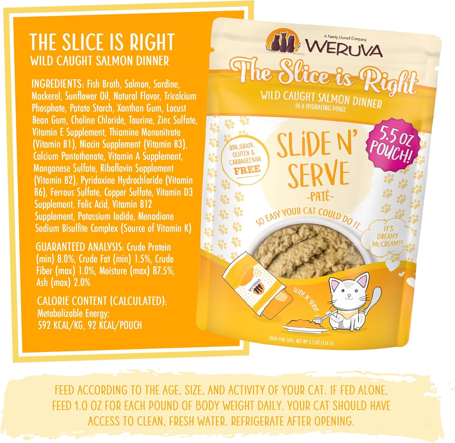 Weruva Wet Cat Food, The Slice is Right with Wild Caught Salmon Pate, 5.5oz Slide N Serve Pouch, Pack of 12 : Pet Supplies