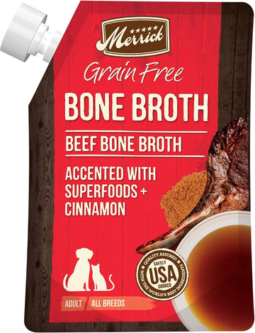 Merrick Grain Free Bone Broth, Premium Human Grade And Gluten Free Dog And Cat Food Topper Pouches, Beef - 16 Oz. Pouch