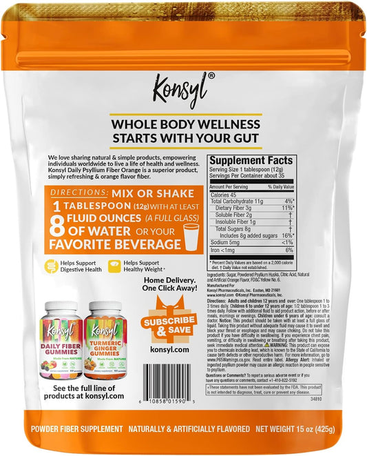 Konsyl Daily Psyllium Fiber -Orange Flavor- 100% Natural Psyllium Husk Powder - Gluten Free - 11.4oz / 324g : Health & Household