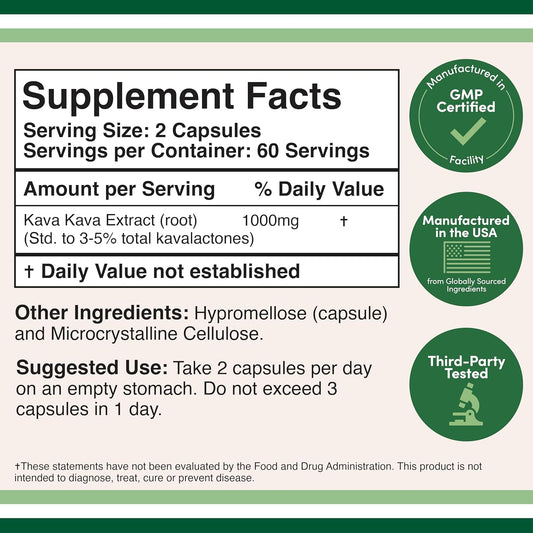 Kava Kava Capsules 1,000Mg Per Serving, 120 Count (High Purity Potent 3-5% Kavalactones Root Extract) Kava Powder Root Extract For Relaxation (Non-Gmo, Vegan Safe) By Double Wood
