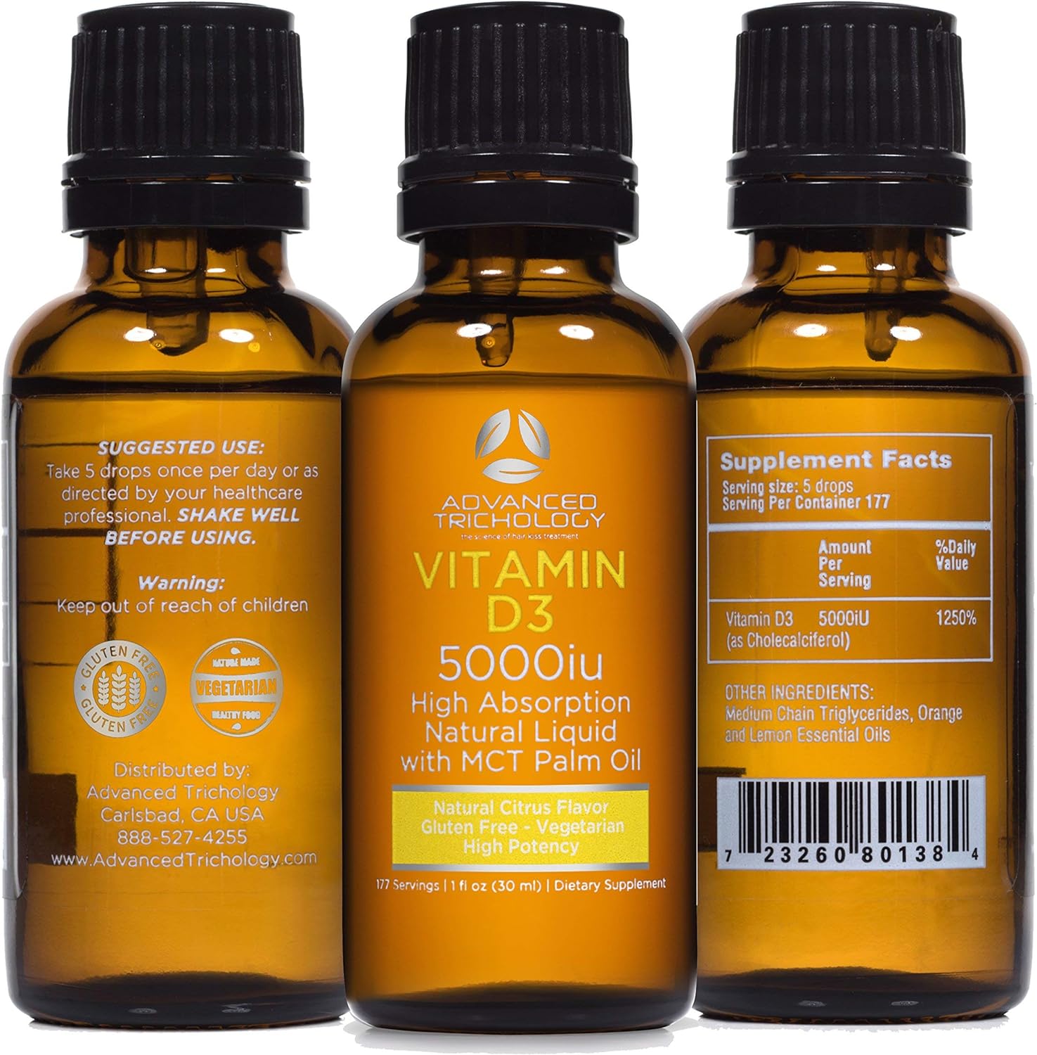 Advanced Trichology Vegetarian Liquid Vitamin D3-5000 iu High Absorption - 1000 iu per Drop - 6 Month Supply - Gluten Free 365 VIT D : Health & Household