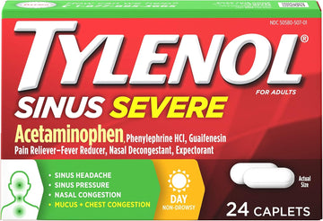 Tylenol Sinus Severe Daytime Cold & Flu Relief Medicine Caplets, Non-Drowsy Pain Reliever, Fever Reducer Expectorant & Decongestant, Acetaminophen, Guaifenesin & Phenylephrine Hcl, 24 Ct