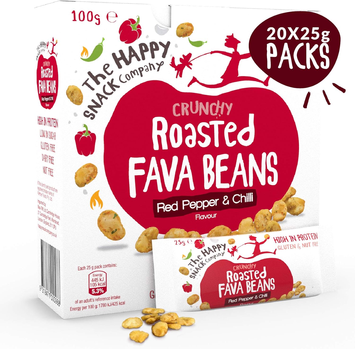 The Happy Snack Company Roasted Fava Beans, Red Pepper And Chilli Flavour Healthy Snacks, High Protein, Gluten Free Tasty Snacks, Vegan, 105 Calories, 25G Portion, Pack Of 20
