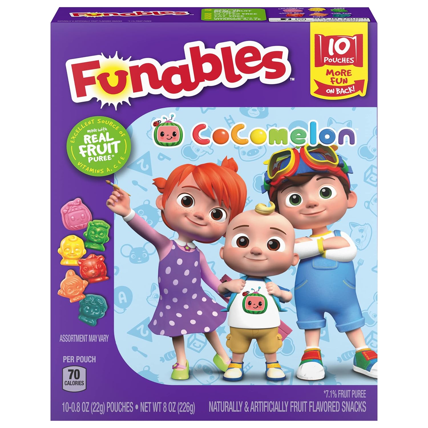 Funables Fruity Snacks, Cocomelon, Assorted Fruit Flavored Snacks, 0.8 Oz 10 Ct