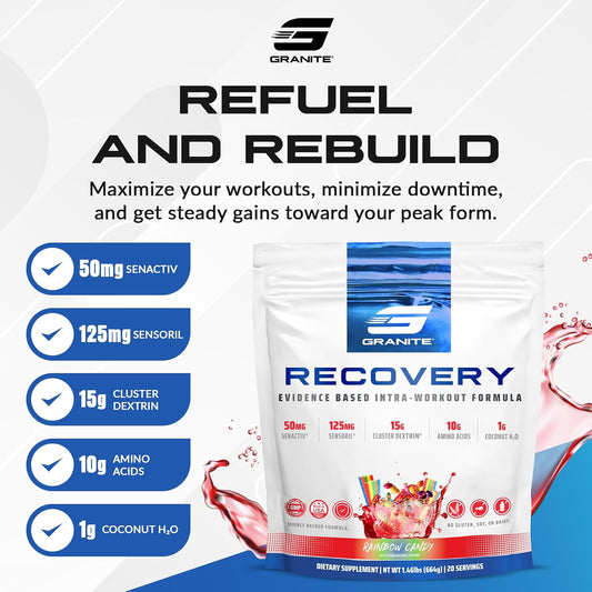 Granite Nutrition Recovery - Premium Intra-Workout Drink With Eaas, Cluster Dextrin, Sensoril & Senactiv For Athletic Performance And Lean Muscle Gains - Watermelon Candy (20 Servings)