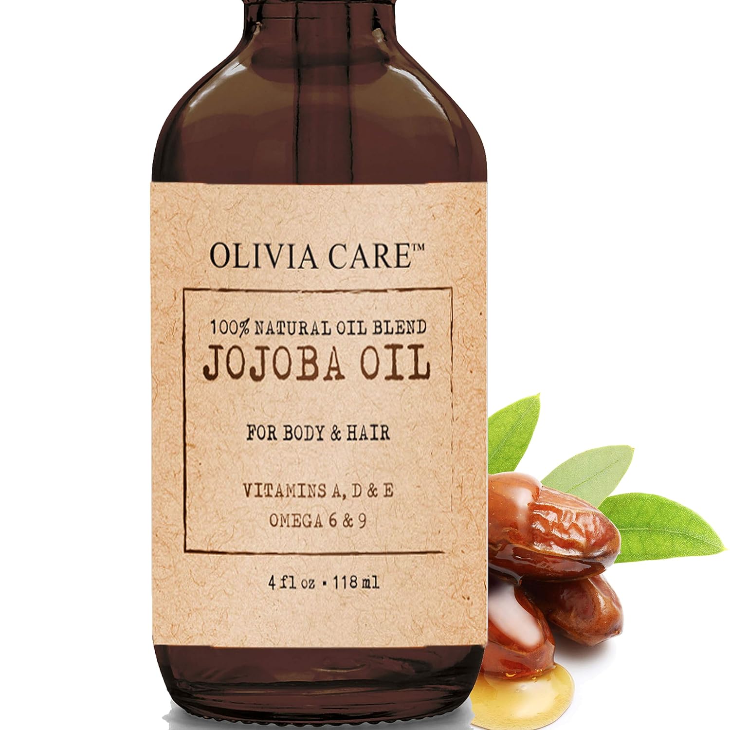 Olivia Care Jojoba Oil 100% Natural Vegan, Pure & Cold Pressed - For Face, Body & Hair. Infused With Antioxidants, Vitamin A, D, E & Omega 6, 9. Moisturizing & Hydrating. All Skin Types – 4 Oz