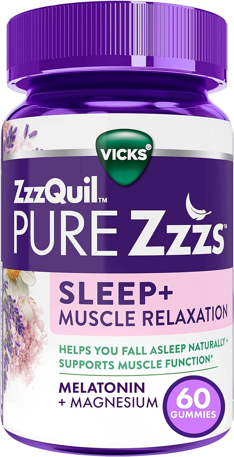 Vicks ZzzQuil Pure Zzzs Sleep+ Muscle Relaxation Melatonin Sleep Aid Gummies, Supports Healthy Muscle Function, Melatonin + Magnesium, No Next-Day Grogginess, Drug-Free & Non-Habit Forming, 60ct