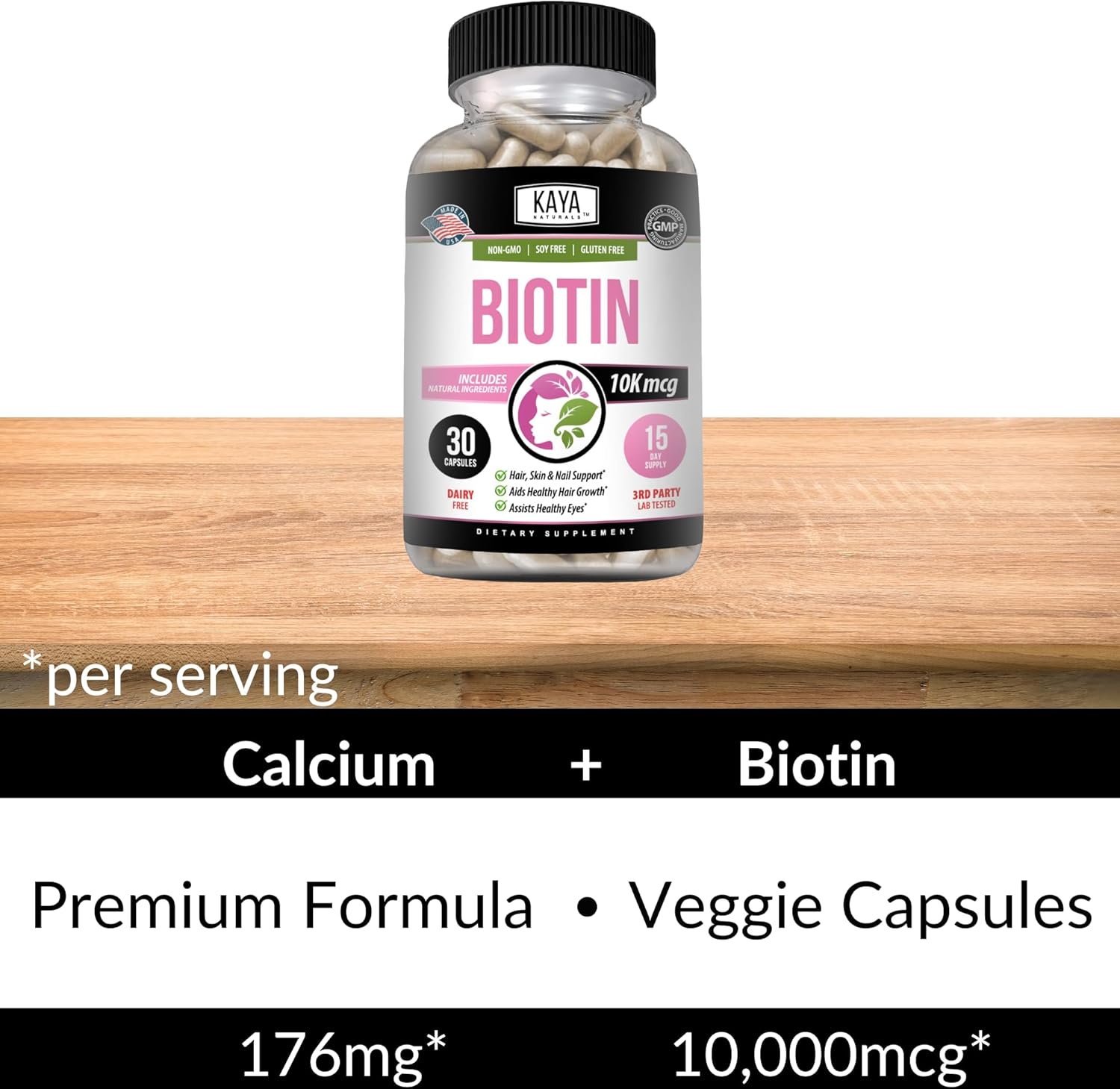 Kaya Naturals Biotin 10,000mcg Hair Growth Vitamins - Strong Nails, Healthy Skin Supplement for Women and Men - Healthier Hair & Skin - 30 Count : Health & Household