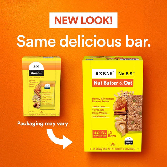 Rxbar Nut Butter And Oat Protein Bars, Protein Snacks, Snack Bars, Honey Cinnamon Peanut Butter, 23.2Oz Box (12 Bars)