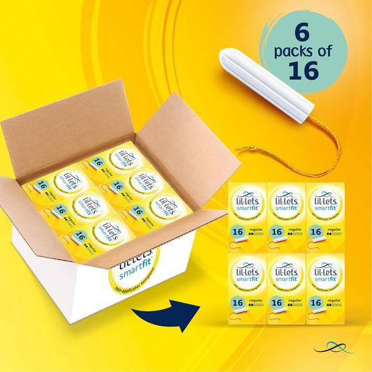 Lil-Lets Non-Applicator Regular Tampons X 96, (6 Packs of 16 Tampons), For Light to Medium Flow, 2 Droplets, Plant-Based, SmartFit™ Non-App Tampon