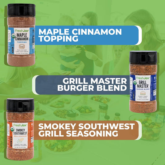 FreshJax Organic Seasoning Variety Pack - Grilling Spice Gift Set | 3 Large Bottles | Grill Master Burger Blend, Smokey Southwest, Maple Cinnamon | Handcrafted in Jacksonville