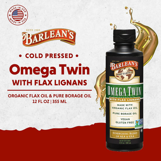 Barlean'S Omega Twin Liquid Flaxseed Oil And Pure Borage Oil Supplement With Lignans, 6,010Mg Ala And 465Mg Gla Omega Fatty Acids From Organic Flax Seed And Cold Pressed Borage Seeds, 12 Oz
