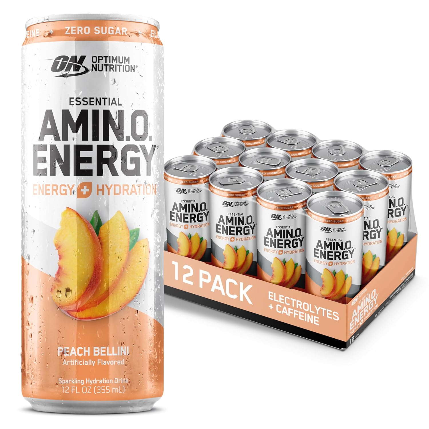 Optimum Nutrition Amino Energy Sparkling Hydration Drink, Electrolytes, Caffeine, Amino Acids, Bcaas, Sugar Free, Peach Bellini, 12 Fl Oz, 12 Pack (Packaging May Vary)