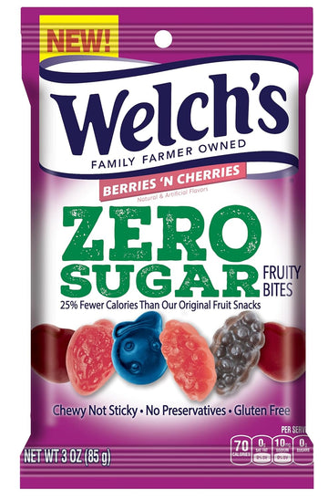 Welch’S Fruit Snacks, Zero Sugar Fruity Bites, Perfect For School Lunches, Berries 'N Cherries, Gluten Free, 3 Oz (Pack Of 1)