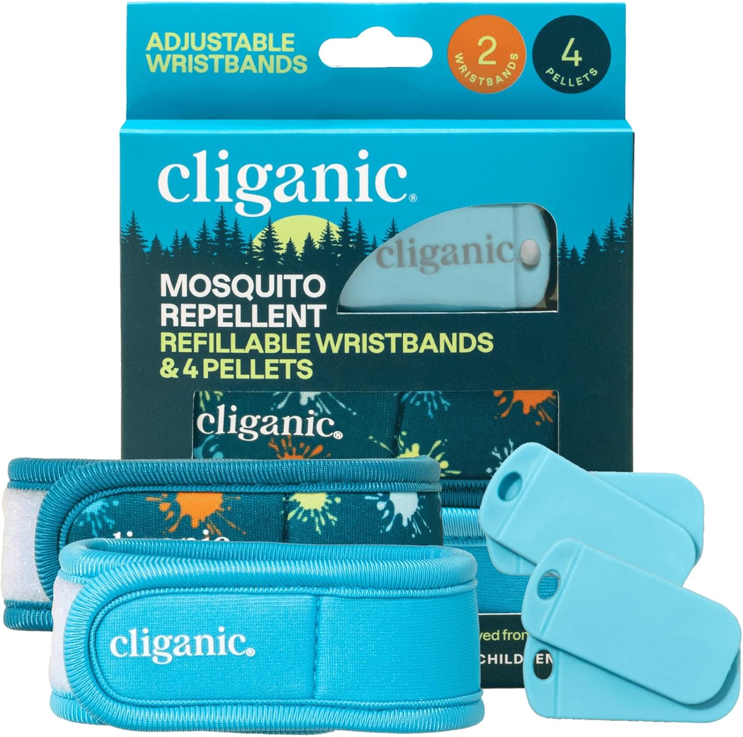 Cliganic Mosquito Repellent Pack (2 Wristbands + 4 Refill Pellets) - Adjustable, Natural Deet-Free, Essential Oil Infused