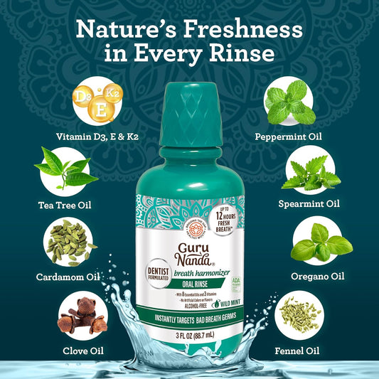 Gurunanda Oral Rinse Mouthwash, Promotes Fresh Breath Up To 24 Hours, 7 Essential Oils & Vitamins, Alcohol-Free, Ada Accepted, Mint, 3 Fl Oz