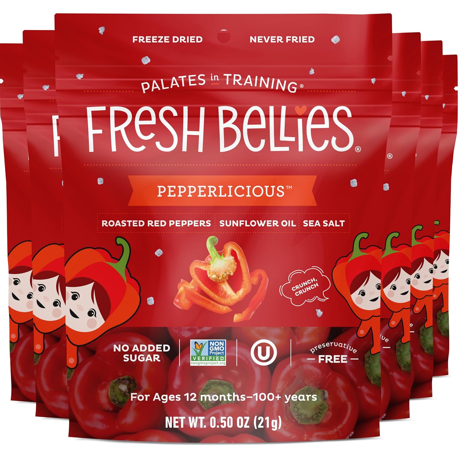 Fresh Bellies Freeze Dried Vegetables Red Pepper For Kids & Toddlers - Healthy, Vegan Baby Snacks With No Sugar Added, 1 Year Old +, Gluten Free, 6 Pack (Pepperlicious)